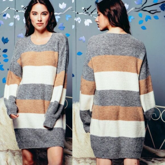 NEW Neutral Tan Ivory Gray Striped Colorblock Soft Sweater Dress Longline Tunic - Picture 4 of 13